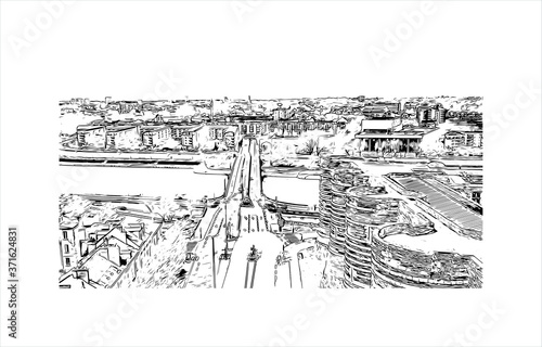 Building view with landmark of Angers is a city in western France beside the Maine river at the edge of the Loire Valley. Hand drawn sketch illustration in vector.