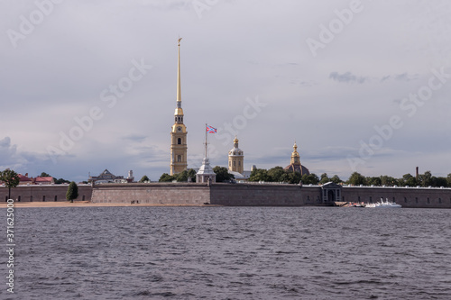 View of Peter and Paul fortress and Neva river at day. Unique urban landscape of center of Saint Petersburg. Central historical sights city. Top tourist places in Russia. Capital Russian Empire