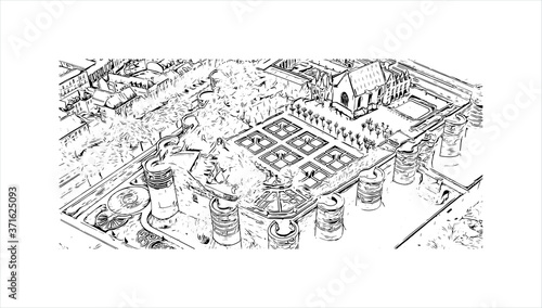 Building view with landmark of Angers is a city in western France beside the Maine river at the edge of the Loire Valley. Hand drawn sketch illustration in vector.