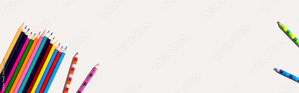 Collection of color pencils overhead view - flat lay Collection of color pencils overhead view - flat lay