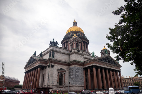 St Isaac Cathedral in cloudy weather day. Museums Isaac's Square. Unique urban landscape center Saint Petersburg. Central historical sights city. Top tourist places in Russia. Capital Russian Empire