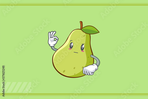 REALLY, ATTENTIVE, Curios Face Emotion. OK Nice Hand Gesture. Green Pear Fruit Cartoon Drawing Mascot Illustration.