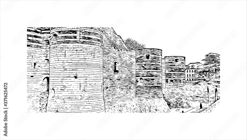 Building view with landmark of Angers is a city in western France beside the Maine river at the edge of the Loire Valley. Hand drawn sketch illustration in vector.