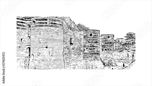 Obraz na płótnie Building view with landmark of Angers is a city in western France beside the Maine river at the edge of the Loire Valley. Hand drawn sketch illustration in vector. w salonie