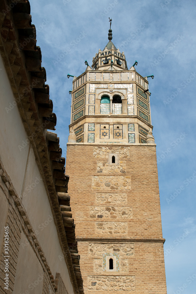 Testour Tunisia, view of brick and stone work on village minaret