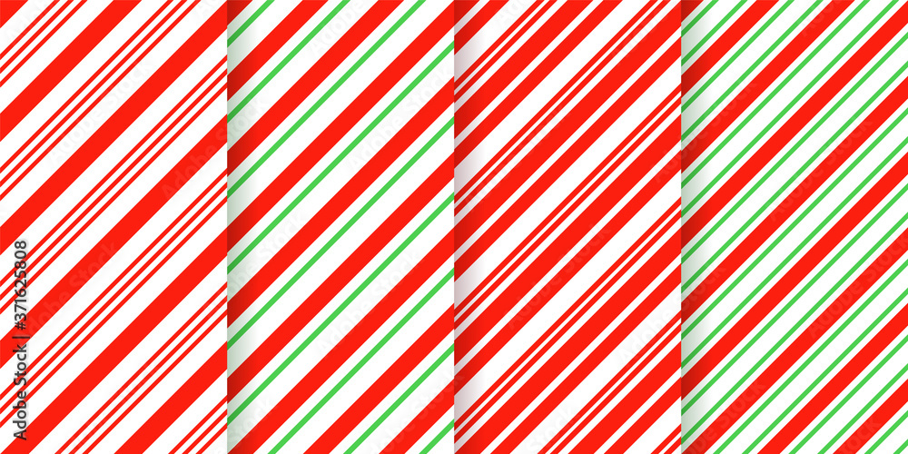 Naklejka premium Candy cane seamless pattern. Christmas striped background. Vector. Red green peppermint wrapping texture. Xmas holiday diagonal stripes. Set of cute caramel package prints. Geometric illustration.
