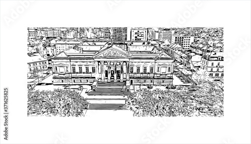 Building view with landmark of Angers is a city in western France beside the Maine river at the edge of the Loire Valley. Hand drawn sketch illustration in vector.