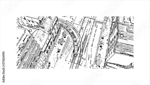 Building view with landmark of Angers is a city in western France beside the Maine river at the edge of the Loire Valley. Hand drawn sketch illustration in vector.