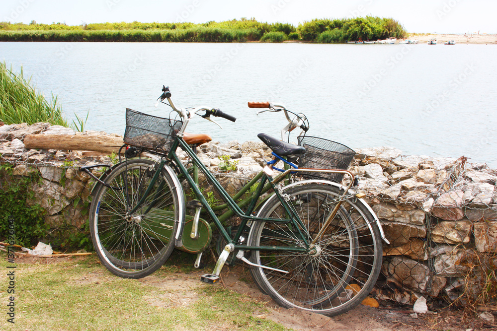 Fototapeta premium two bicycles lying on a low wall on the river amidst the green nature that flows over the sea of ​​Pisa