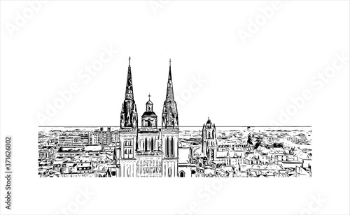Building view with landmark of Angers is a city in western France beside the Maine river at the edge of the Loire Valley. Hand drawn sketch illustration in vector.