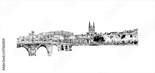 Building view with landmark of Angers is a city in western France beside the Maine river at the edge of the Loire Valley. Hand drawn sketch illustration in vector.