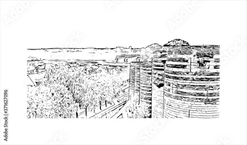 Building view with landmark of Angers is a city in western France beside the Maine river at the edge of the Loire Valley. Hand drawn sketch illustration in vector.