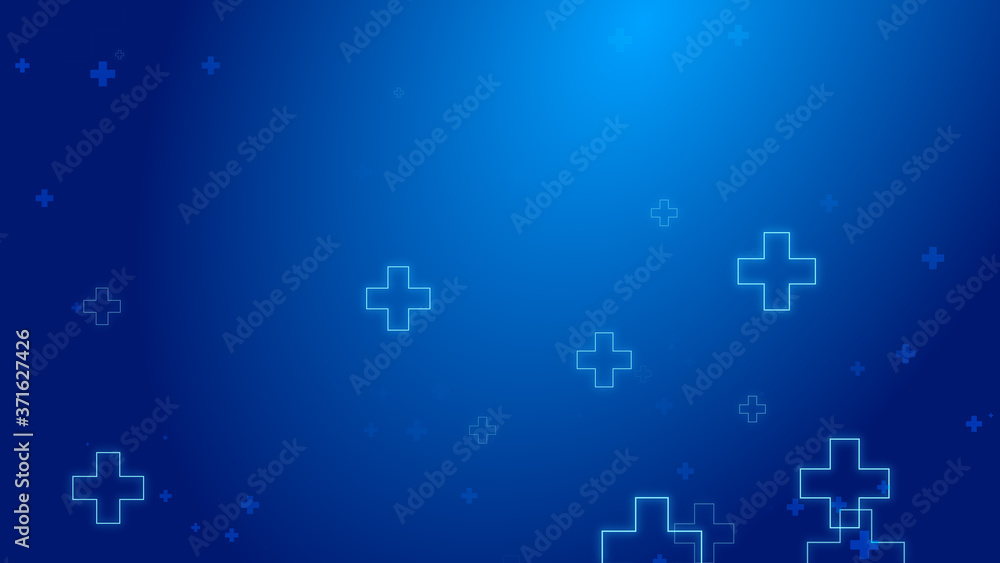 Obraz premium Medical health blue cross neon light shapes pattern healthcare technology background.