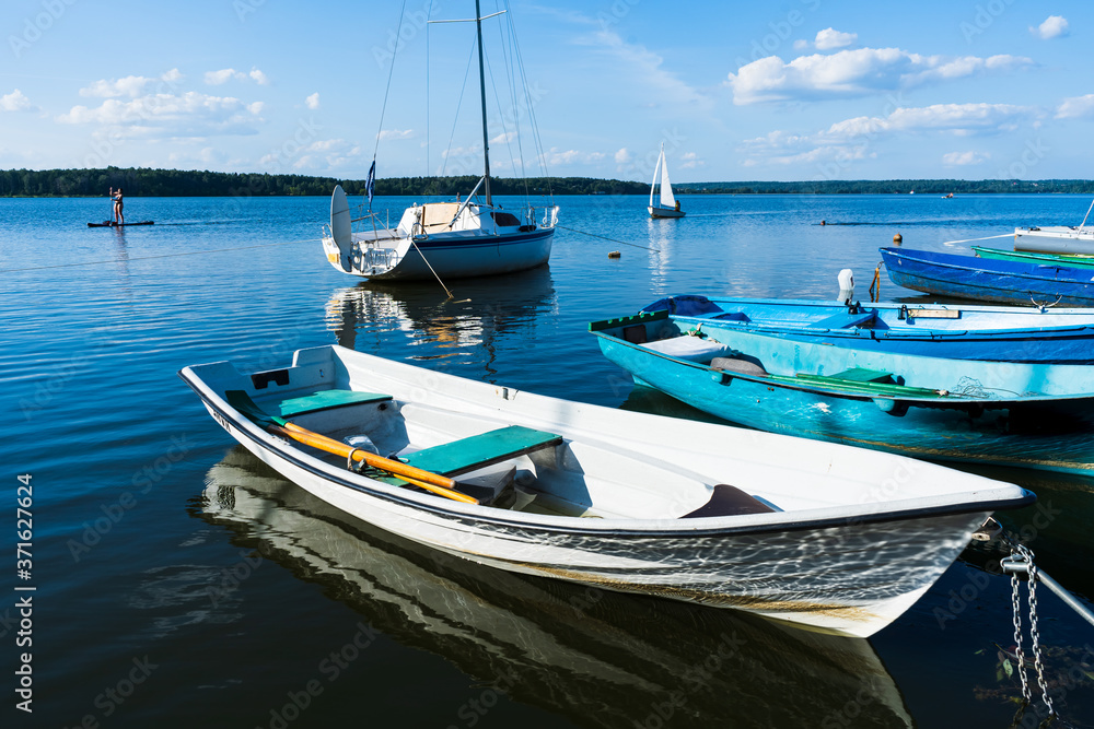 Boats in the port on Lake Senezh in the city of Solnechnogorsk, Russia