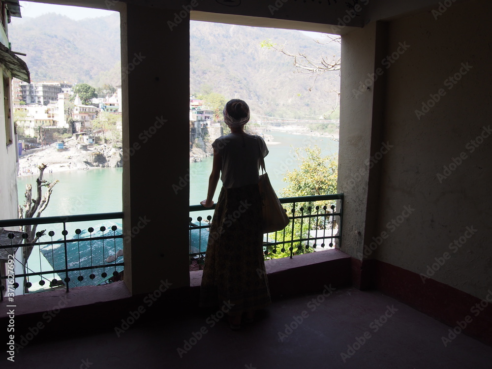 View of the city from inside the building, Rishikesh, Uttarakhand, North India, India View of the city from inside the building, Rishikesh, Uttarakhand, North India, India