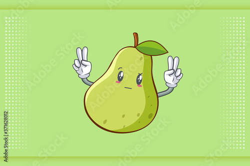 REALLY, ATTENTIVE, Curios Face Emotion. Double Peace Hand Gesture. Green Pear Fruit Cartoon Drawing Mascot Illustration.