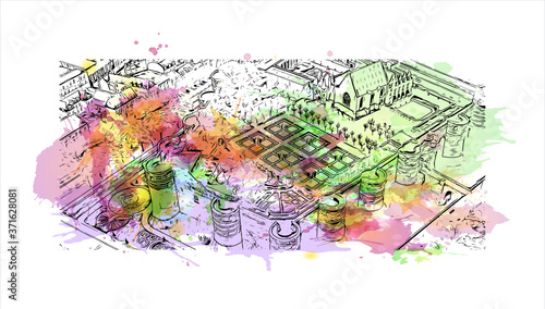 Building view with landmark of Angers is a city in western France beside the Maine river at the edge of the Loire Valley. Watercolor splash with hand drawn sketch illustration in vector.
