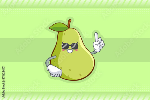 RELAXED, GLASSES, COOL Face Emotion. Forefinger Hand Gesture. Green Pear Fruit Cartoon Drawing Mascot Illustration.