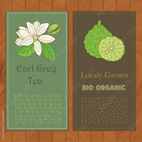 Organic tea collection. Vector flyers with hand drawn illustration of citrus bergamia on a wooden background. photo