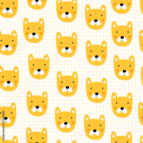 Seamless pattern Cartoon animal backgrounds with tiger face and square grid as wallpaper Hand drawn design in childrens style Used for printing, fabric, textiles Vector illustration