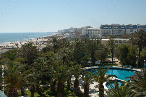 Sousse Tunisia, view over tourist resort pool and along coastline