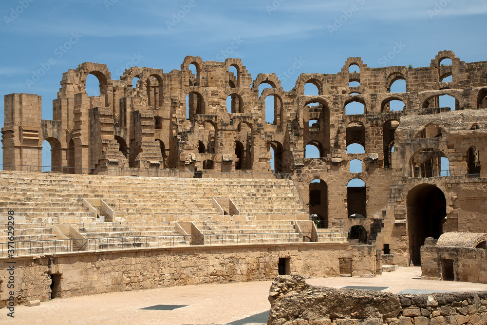 El Djem Tunisia, view across the arena to seating in the roman amphitheater