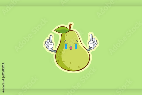 CRYING, SAD, SOB, CRY Face Emotion. Double Forefinger Hand Gesture. Green Pear Fruit Cartoon Drawing Mascot Illustration.