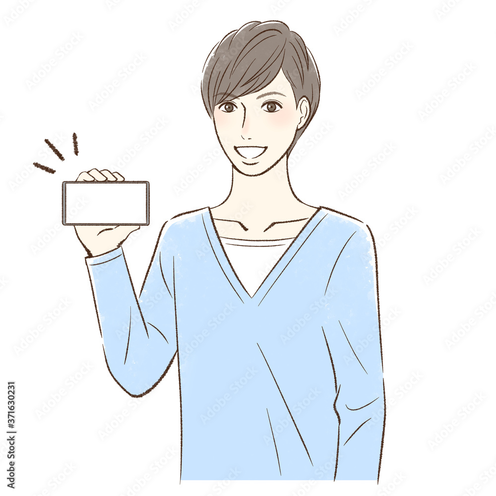 笑顔でスマホの画面をこちらに見せる男性＿横持ち