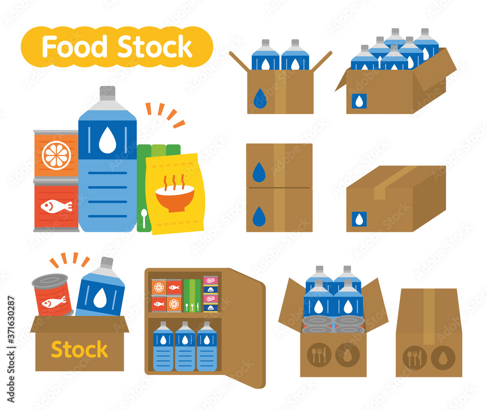 防災 フードストック 水 ペットボトル レトルト 食品 宅配 備蓄 備え 災害 ダンボール ベクター イラスト Stock Vektorgrafik Adobe Stock