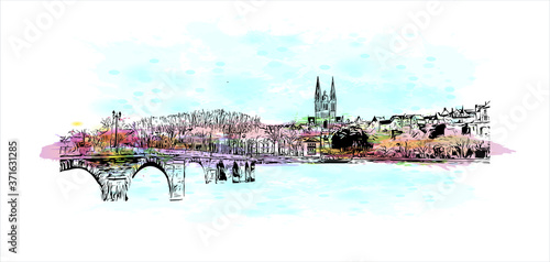 Building view with landmark of Angers is a city in western France beside the Maine river at the edge of the Loire Valley. Watercolor splash with hand drawn sketch illustration in vector.