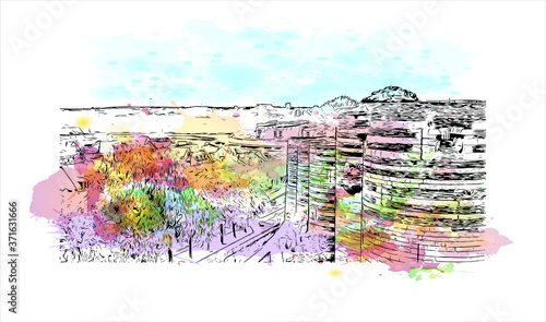 Building view with landmark of Angers is a city in western France beside the Maine river at the edge of the Loire Valley. Watercolor splash with hand drawn sketch illustration in vector.