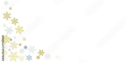 Christmas snowflakes background with place for text. Winter gold and silver snow minimal frame decoration on white, greeting card. New Year Holidays subtle backdrop. Vector illustration