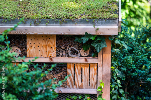 Man made insect hotel for an eco friendly urban environment.