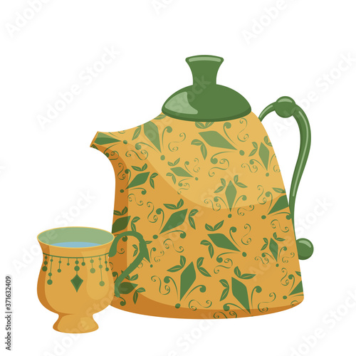 Tea set. Kettle and mug. Vector illustration