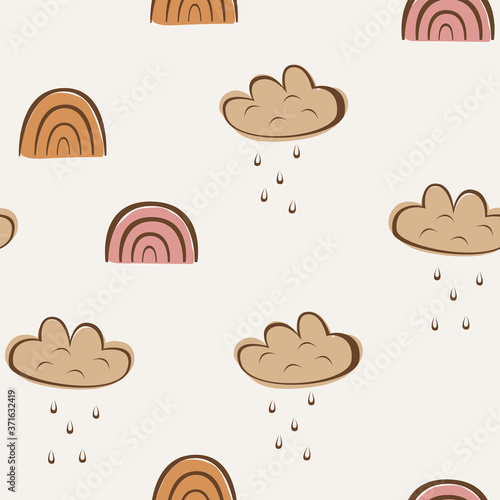 Seamless pattern with watercolor clouds and rain of hearts. Vector illustration.