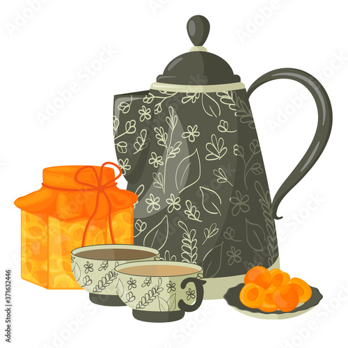 Tea drinking is a vector illustration. A cup of coffee, a cup of tea. Apricot jam.