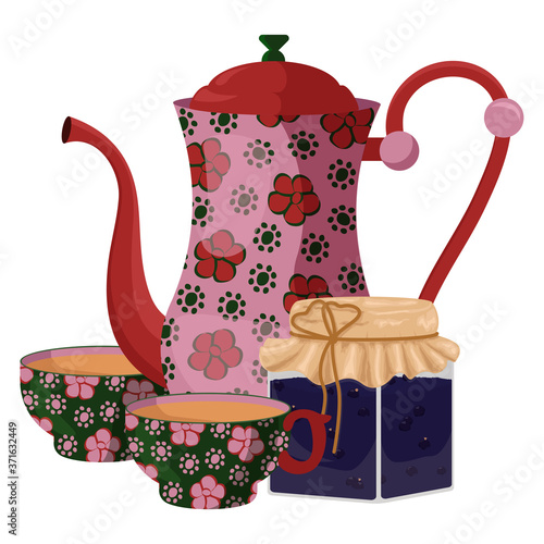 Tea set with floral pattern. Smorodin jam. Sweet tea drinking. Vector illustration
