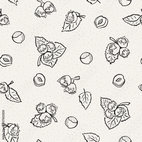 Hazelnuts. Seamless vector pattern. Outline hand drawn illustration.