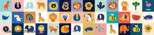 Abstract doodles. Baby animals pattern. Fabric pattern. Vector illustration with cute animals. Nursery baby pattern illustration. Children game