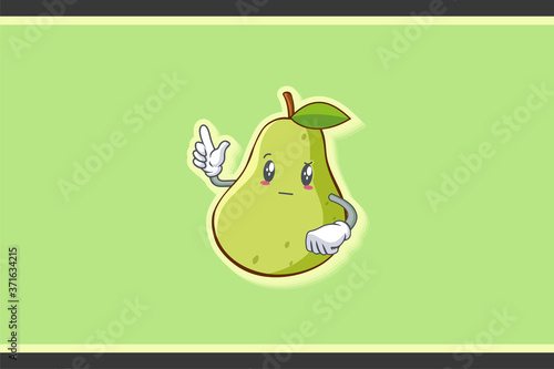 REALLY, ATTENTIVE, Curios Face Emotion. Forefinger Hand Gesture. Green Pear Fruit Cartoon Drawing Mascot Illustration.