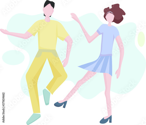 Happy dancing couple. A young man and a girl at a disco or a party. It's time to relax and have a rest. Fun to celebrate the holiday. Dance movements, activity, entertainment.