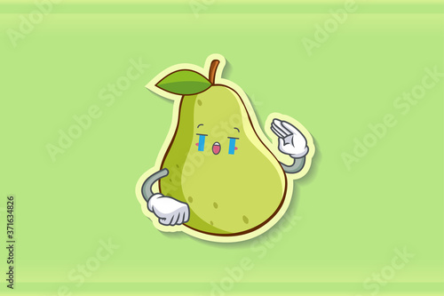 CRYING, SAD, SOB, CRY Face Emotion. Salute Hand Gesture. Green Pear Fruit Cartoon Drawing Mascot Illustration.