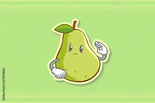 REALLY, ATTENTIVE, Curios Face Emotion. Salute Hand Gesture. Green Pear Fruit Cartoon Drawing Mascot Illustration.