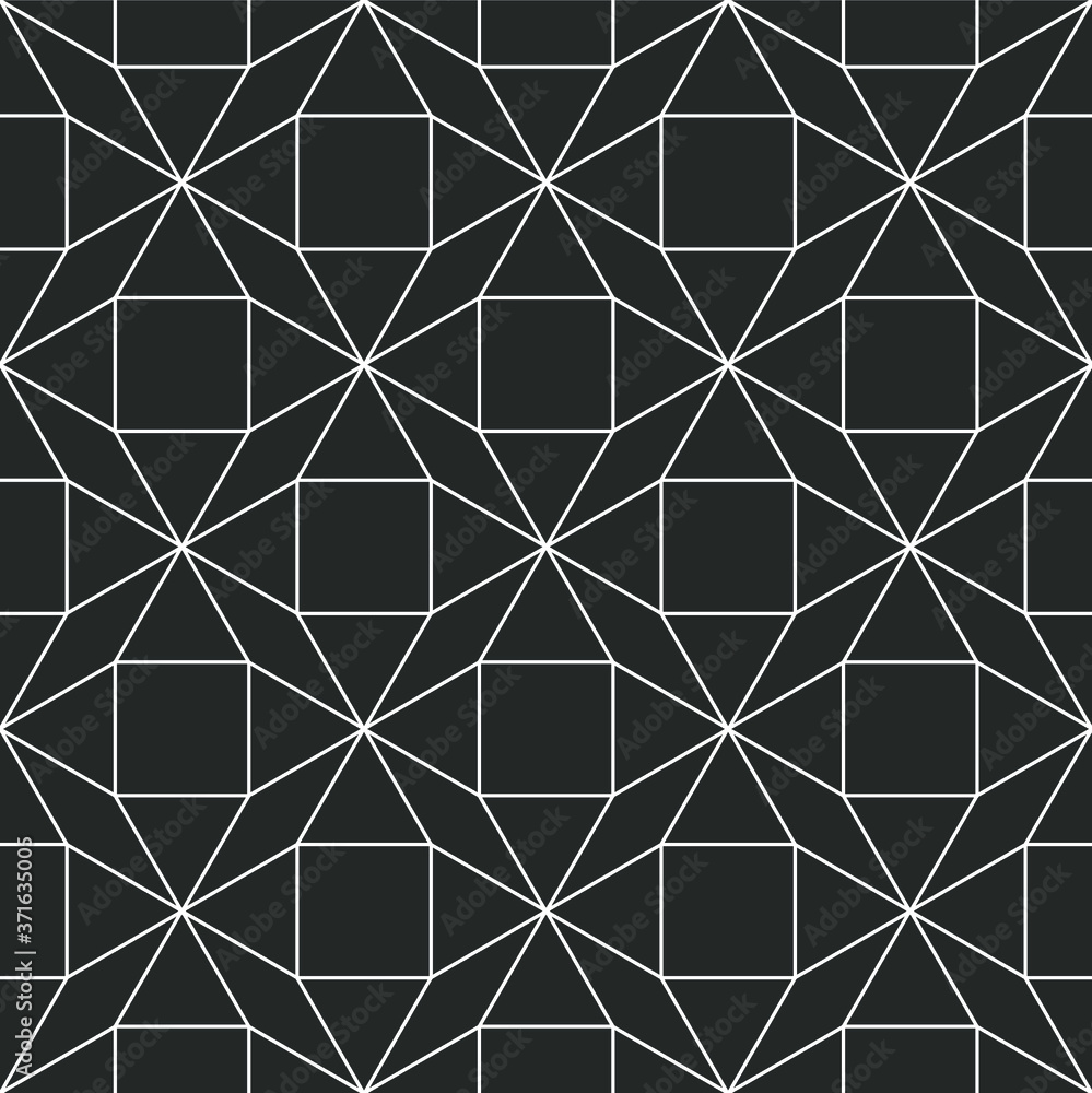 Tessellated repeating mathematical pattern of connected outlines of shapes on a dark gray background, geometric vector illustration Tessellated repeating mathematical pattern of connected outlines of shapes on a dark gray background, geometric vector illustration