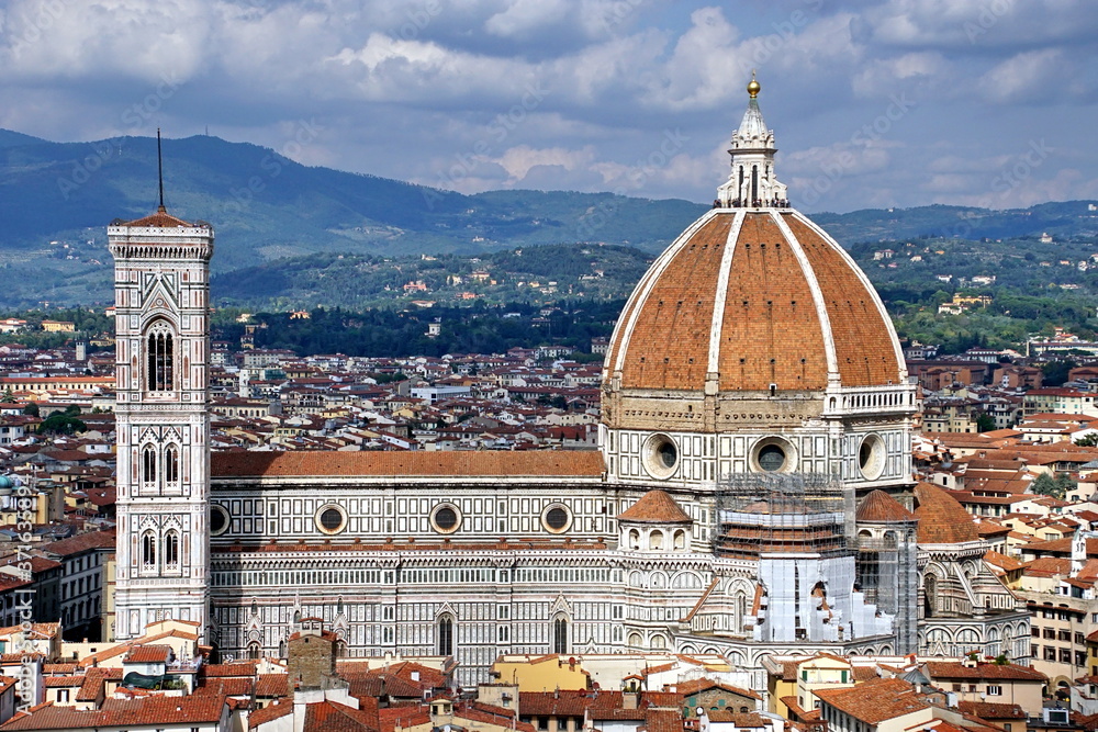 Cathedral of Santa Maria del Fiore and Bell Tower of Giotto. Florence, Italy. View from the tower of the Palazzo Vecchio.