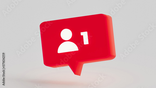 Square red Speech balloon +1 subscriber 3D render on white background