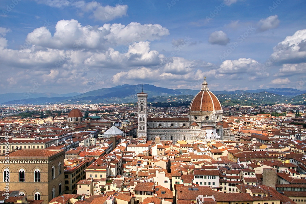 Cathedral of Santa Maria del Fiore and Bell Tower of Giotto. Florence, Italy. View from the tower of the Palazzo Vecchio.