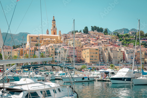 Menton, wonderful city of the cote-d‚ÄôAzur with its marine and architectures,  in a sunny day with blue sky