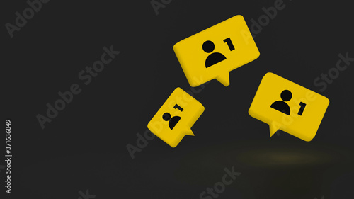Rectangular yellow instagram Speech balloon with notification of +1 subscriber 3D render on white background