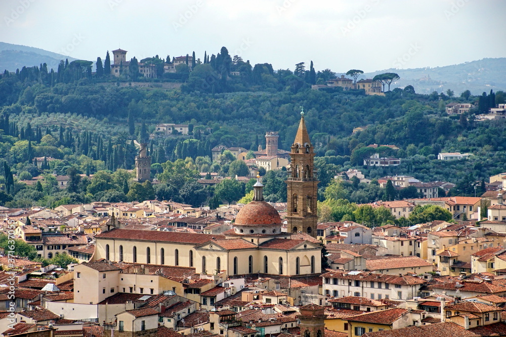 View of Oltrarno, Boboli Gardens, Santo Spirito and Belvedere at morning from Palazzo Vecchio in Florence, Tuscany, Italy